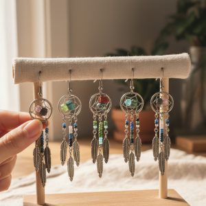 METAL DREAM CATCHER EARRINGS WITH METAL BEADED FEATHER DANGLES (M-NDC-FTH-EAR)