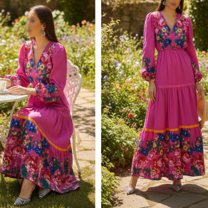Floral Art Elegant Long Sleeve Dress With Silk Band - (Floral 1028)