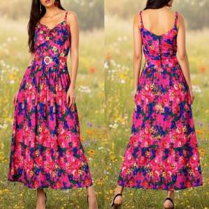Floral Art Sexy Low-cut Deep V-neck Elegant Long Dresses (Floral 1034)