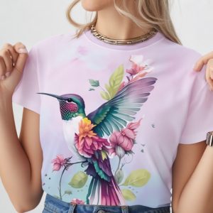 Women Summer Top Floral & Floral Humming Bird Print Short Sleeve Round Neck T-Shirt (NTV845)