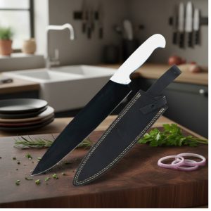 Defender 17" Plastic Mould White Handle Black Blade Hunting Knife With Sheath (14375)