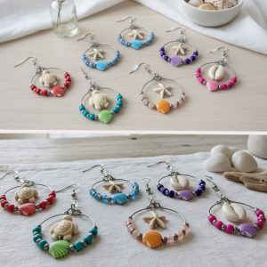 Round Beaded Shell Hoop Sea Life Dangle Earrings (HOOP-SLF-EAR)