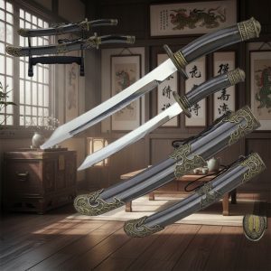 8.25″ 11″ To Chinese Sword with Plastic Stand - Black (T236174)