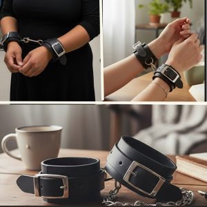 Leather Handcuffs. Adjustable Straps With Metal Fittings - Black (T302006)