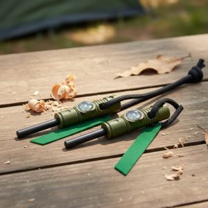Fire Starter, Compass & Whistle on Firecord – Green (T405010GN)