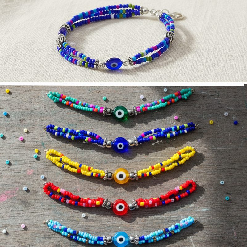 Beaded multi strand anklet with evil eye charm in the center (BMS-EE-AKS)