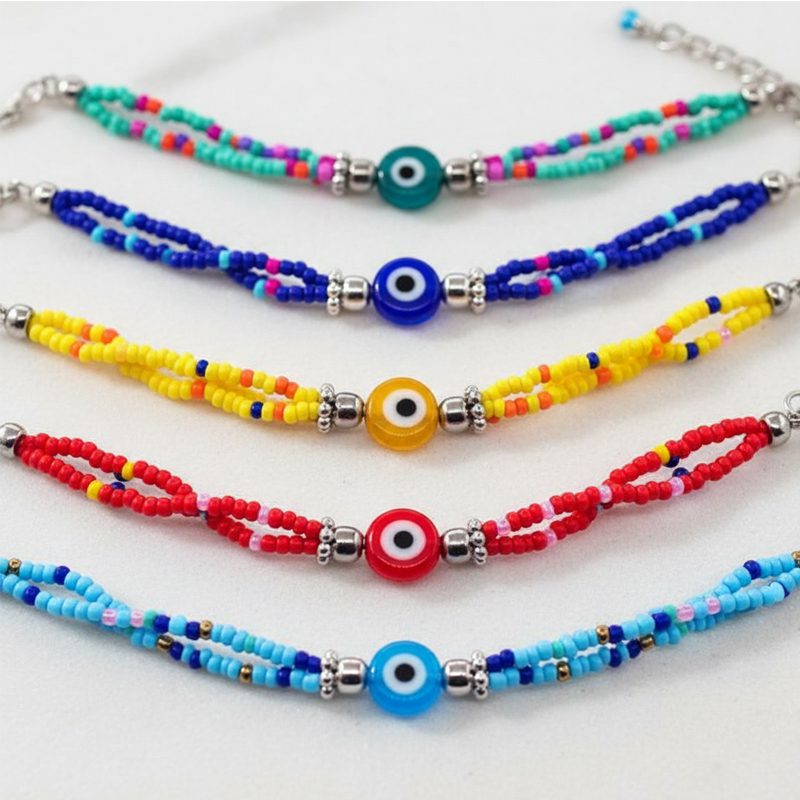 Beaded multi strand anklet with evil eye charm in the center (BMS-EE-AKS) - Image 2