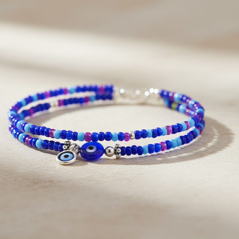 Beaded multi strand anklet with evil eye charm in the center (BMS-EE-AKS) - Image 3