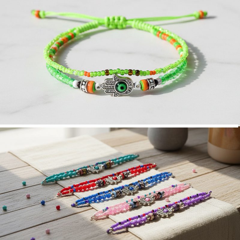 Beaded Multistrand Anklet With Hamsa Charm (BMS-HM-AKS)