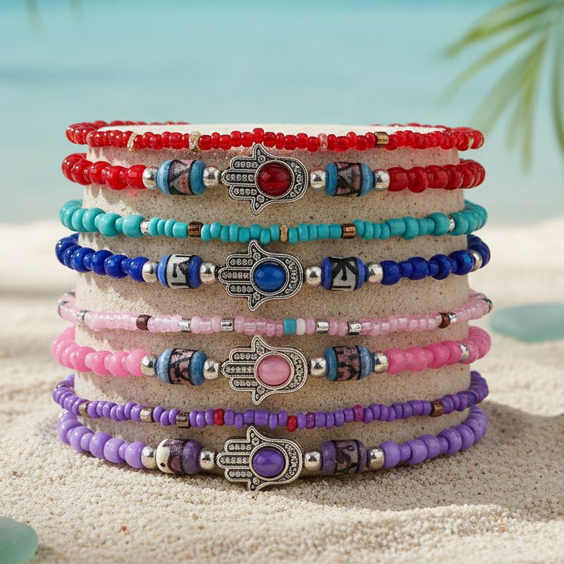 Beaded Multistrand Anklet With Hamsa Charm (BMS-HM-AKS) - Image 2