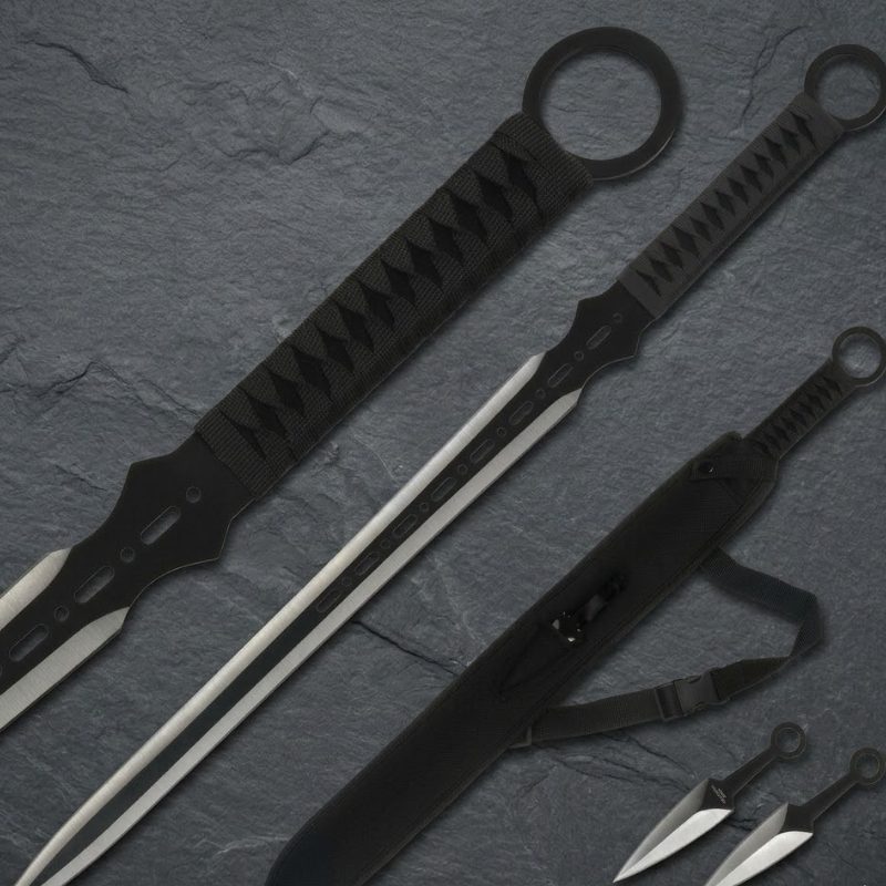 27″ Ninja Sword Vented Silver/Black Blade + Throwing Knives (T63105)