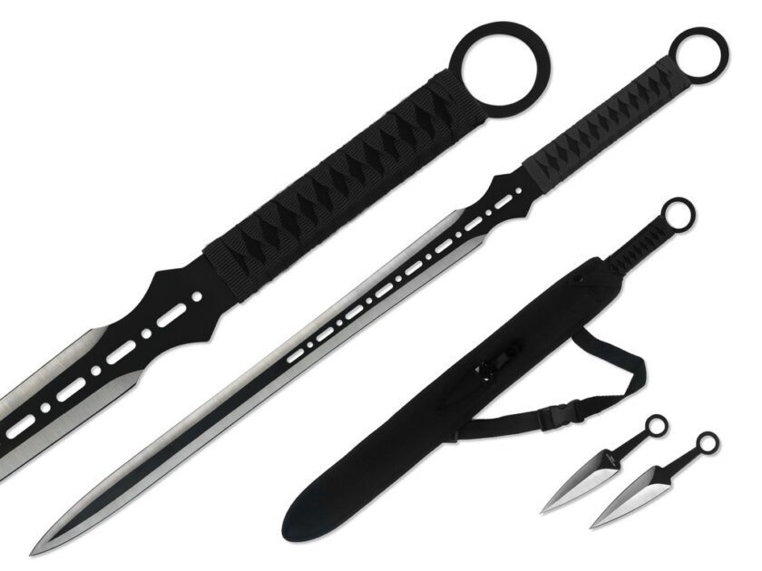 27″ Ninja Sword Vented Silver/Black Blade + Throwing Knives (T63105) - Image 2