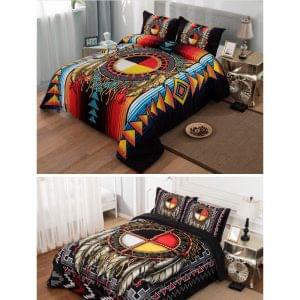 Micro Mink Sherpa Lined Queen 3 Piece Blanket Set - Medicine Wheel (0258-MW)